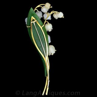 Large Nephrite, Frosted Crystal and Diamond Lily of the Valley Pin