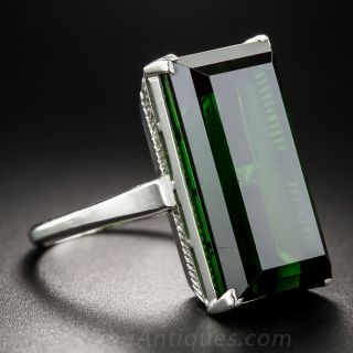 Large Rectangular Dark Green Tourmaline and Platinum Ring
