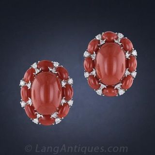 Large Red Coral and Diamond Cluster Earrings - 3