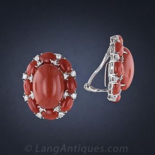 Large Red Coral and Diamond Cluster Earrings