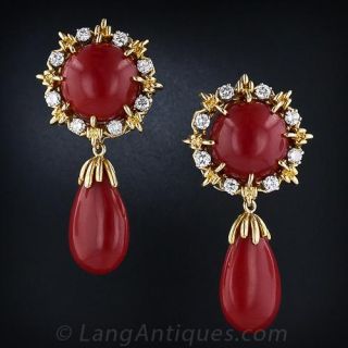 Large Red Coral and Diamond Drop Earrings