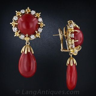 Large Red Coral and Diamond Drop Earrings