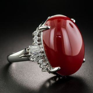 Large Red Coral Platinum Diamond Ring