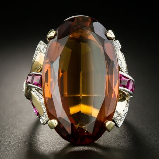 Large Retro 25 Carat Madeira Quartz, Ruby and Diamond Ring - 2