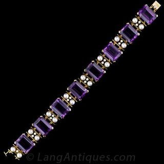 Large Retro Amethyst, Cultured Pearl & Diamond Bracelet
