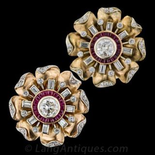 Large Retro Diamond and Ruby Earclips