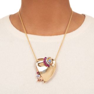 Large Retro Ruby, Diamond and Moonstones Heart Pendant/Brooch