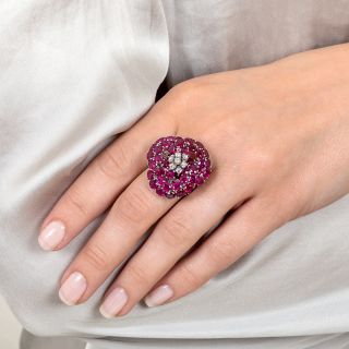 Large Ruby and Diamond Flower Ring