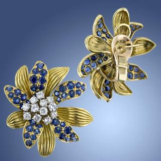 Large Sapphire and Diamond Flower Earrings