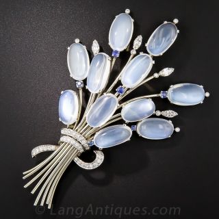 Large Scale Vintage Moonstone Sapphire and Diamond Spray Brooch
