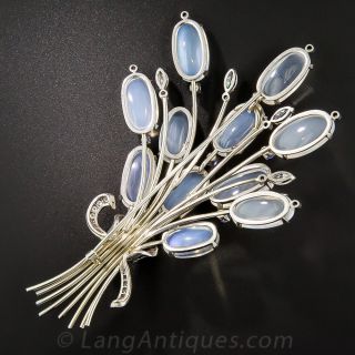 Large Scale Vintage Moonstone Sapphire and Diamond Spray Brooch