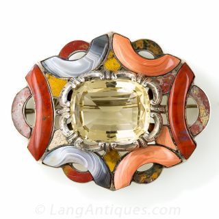 Large Scottish Silver, Citrine and Agate Brooch