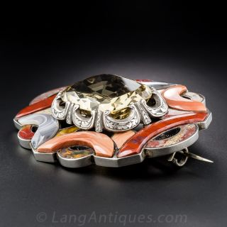 Large Scottish Silver, Citrine and Agate Brooch