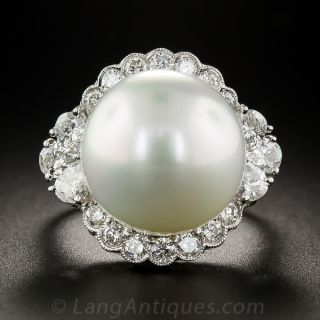 Large South Sea Pearl Platinum and Diamond Ring
