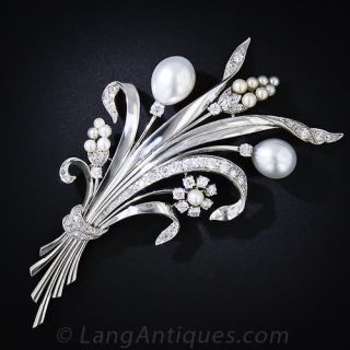Large South Sea Pearl Platinum  Diamond Brooch
