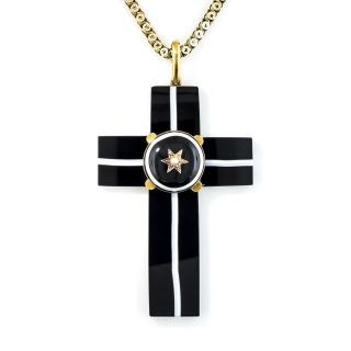 Large Victorian 15K Banded Agate and Pearl Cross