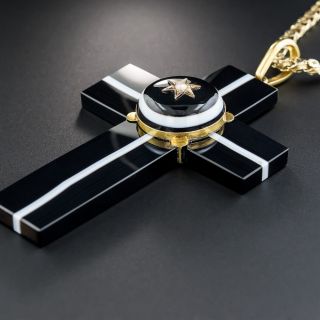 Large Victorian 15K Banded Agate and Pearl Cross