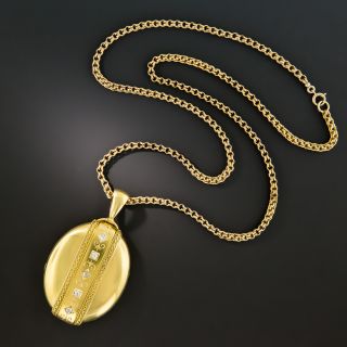 Large Victorian 15K Diamond Locket And 14K Chain