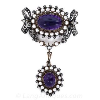 Large Victorian Amethyst  Pearl and Diamond Brooch/Pendant