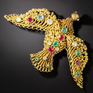 Large Victorian Diamond, Ruby and Emerald Bird Brooch - 1