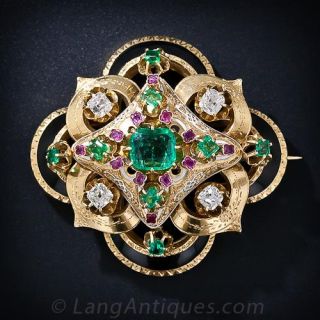 Large Victorian Emerald, Diamond, Ruby  and Enamel Brooch