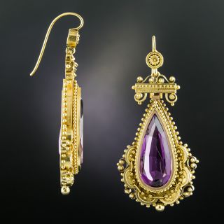 Large Victorian Etruscan Revival Amethyst Drop Earrings - 2