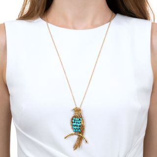 Large Vintage Gold and Turquoise Parrot Pendant