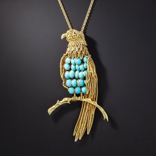Large Vintage Gold and Turquoise Parrot Pendant - 1