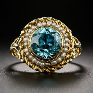 Late-Art Deco Blue Zircon and Pearl Ring - 2