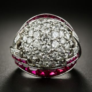 Late Art Deco Platinum Diamond and Ruby Bombé Ring - 6