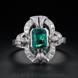 Late Deco Emerald and Diamond Ring