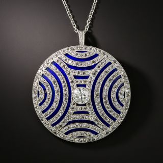 Late-Edwardian/Early-Art Deco Diamond and Blue Enamel Circle Brooch