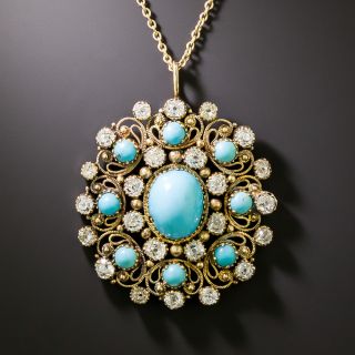 Late-Georgian Turquoise and Diamond Filigree Pendant - 3