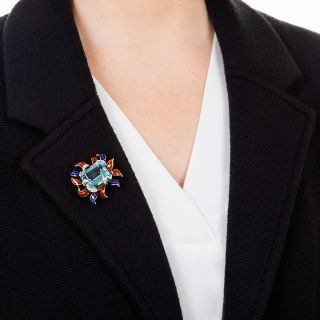 Late Mid-Century Aquamarine, Diamond and Enamel Brooch