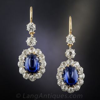 11.48 Carat Natural Cabochon Sapphire and Diamond Antique Drop Earrings