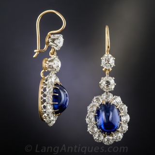 11.48 Carat Natural Cabochon Sapphire and Diamond Antique Drop Earrings