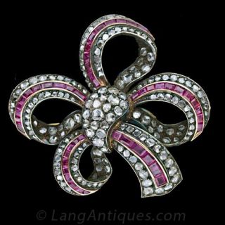 Late Victorian Diamond and Ruby Bow Pin - 1
