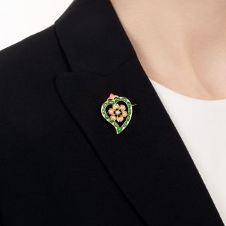Late-Victorian Seed Pearl and Enamel Witch's Heart Brooch