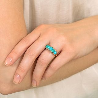 Late-Victorian Style Turquoise and Diamond Five Stone Ring 