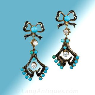Victorian Diamond Enamel Gold Earrings 