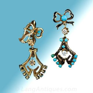 Late Victorian Turquoise and Diamond Drop Clip Earrings