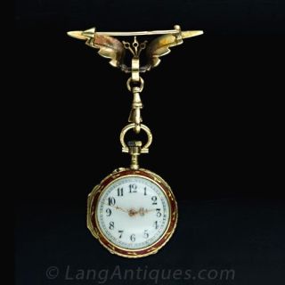 LeCoultre & Cie French Enamel and Diamond Lapel Watch