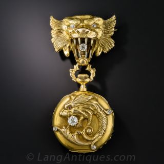 Lion/Gargoyle Diamond Lapel Watch by Peacock/Waltham