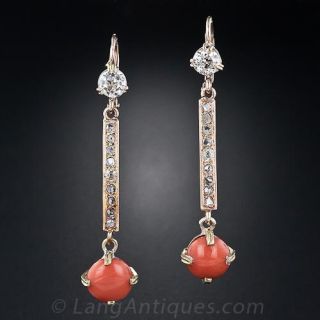 Long Antique Coral and Diamond Earrings