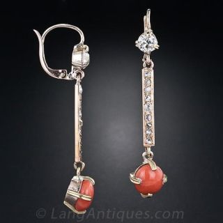 Long Antique Coral and Diamond Earrings