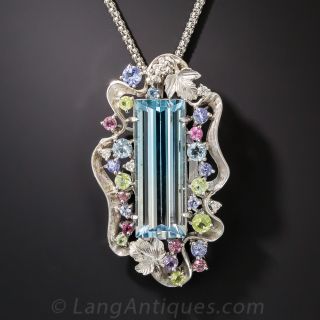 Long Aquamarine and Multi-Gem Pendant  - 1