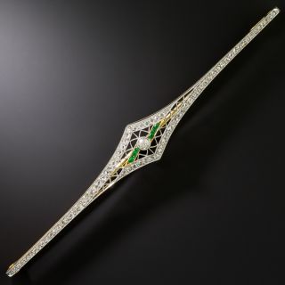 Long Art Deco Diamond and Emerald-Green Glass Bar Pin - 3