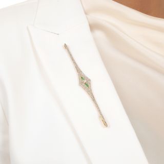 Long Art Deco Diamond and Emerald-Green Glass Bar Pin
