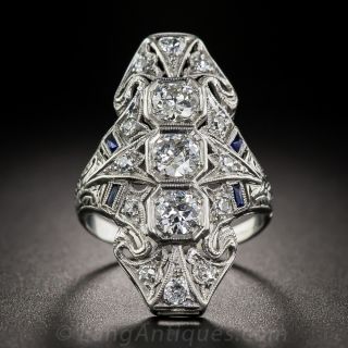 Long Art Deco Diamond and Sapphire Dinner Ring