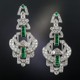 Long Art Deco Platinum Diamond Emerald Earrings - 2